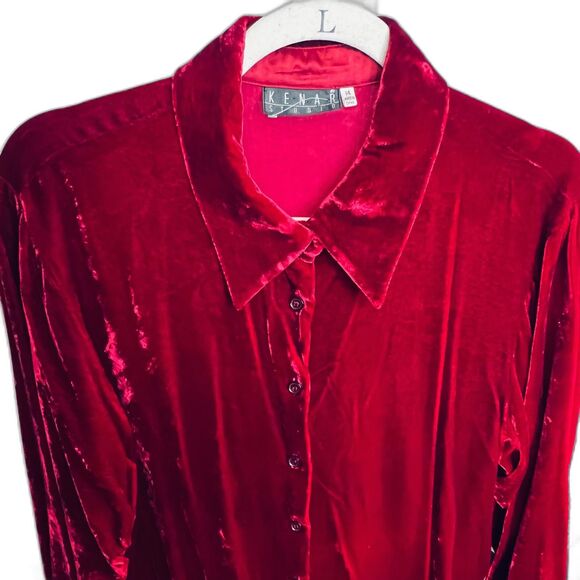 VTG Kenar Studio Crushed Velvet Button Down Up Blouse Sz 14 Silk Holiday Red - Picture 5 of 12